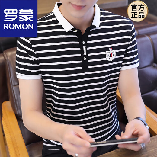 罗蒙（ROMON）男装短袖简约百搭男生T恤翻领polo.衫潮流韩版男士夏装男衣服 7029天蓝色 M