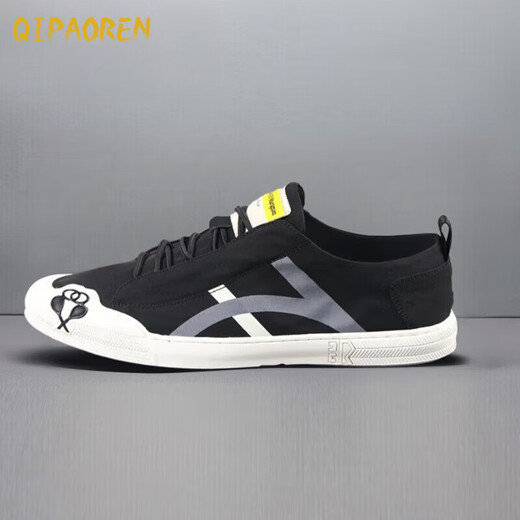 Leopard Rider QI PAO REN brand canvas shoes for men, one-legged 2024 spring new breathable casual shoes, comfortable lace-up beanie shoes, black 42 (260mm)