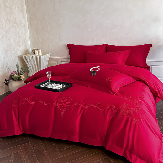 Mercury Series New Chinese Style 100 Count Wedding Four-piece Set Pure Cotton 2025 New Big Red Quilt Wedding Bedding 4-Day Jubilee-Gold 2.0 Meter Sheet Style Four-piece Set-Quilt Cover 220x240