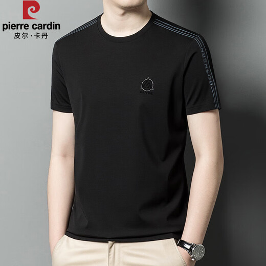 Pierre CARDIN men's short-sleeved round neck mulberry silk T-shirt summer half-sleeved versatile casual top T-shirt base shirt men's middle-aged clothes Blue-13598KSP M 165 Recommended 90-120Jin [Jin equals 0.5 kg]