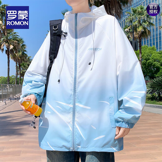 ROMON gradient lightweight summer men's hooded sun protection clothes for teenagers and students casual jackets outdoor sun protection clothes 6629 blue M about 90-100 Jin [Jin equals 0.5 kg] can be worn