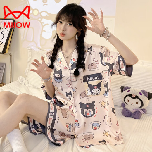 
Catman (MiiOW) Kulomi ice silk pajamas for women in summer short-sleeved ins cute internet celebrity style simulated home clothing summer suit #YX-9214 M [75-98]Jin[Jin equals 0.5 kg]