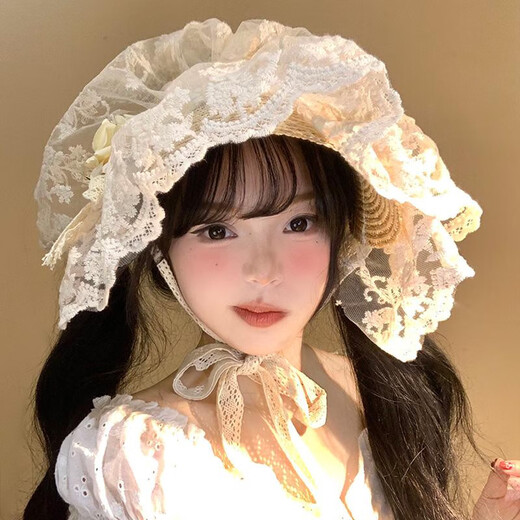 
DJVT Japanese Monkey Princess Lolita Hat Women's Spring and Summer Lace Knitted Straw Hat French Retro Sunshade Sun Hat Beige Lace Straw Hat All Size
