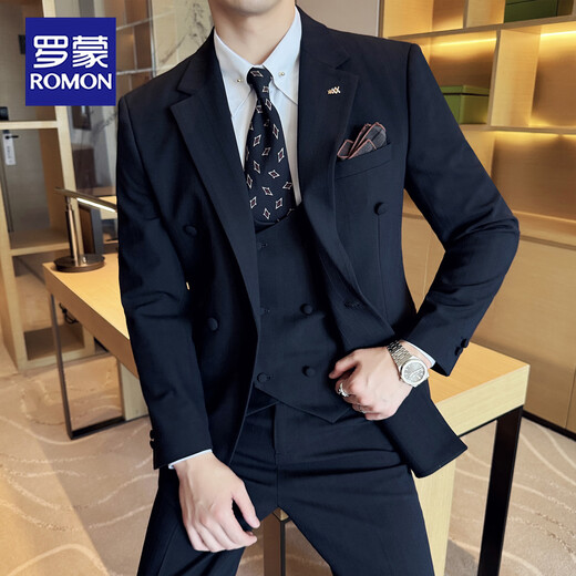 ROMON commuting simple business casual double-breasted suit suit groom Korean version men's slim suit formal dress men black suit + vest + pants 6XL /62 190-205Jin Jin equals 0.5 kg wear
