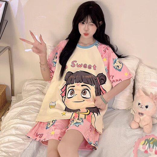 YIMENGTO伊门驼Kiti猫睡衣女夏季2025年新款短袖卡通学生大码夏天家居服套装 短-Z-9928 M  建议80-100斤