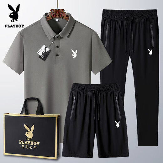 Playboy (PLAYBOY) dad summer suit for middle-aged and elderly casual ice silk POLO. shirt short-sleeved T-shirt 40-60 years old clothes black 6629 [shorts] suit M wear 95-110Jin [Jin equals 0.5 kg]