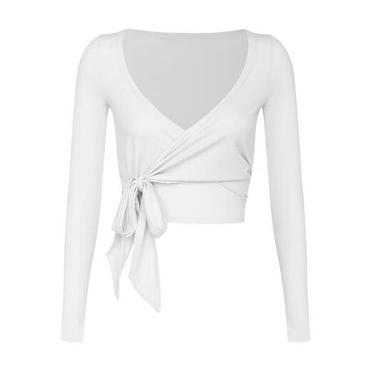 WISKII ballet style strap tight long-sleeved running training clothing sports blouse women's Pilates fitness clothing dance yoga clothing ivory white M
