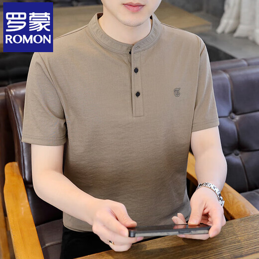 
Romon men's stand-up collar short-sleeved polo clothes summer linen t-shirt men's thin fashion cotton linen half-sleeved casual top 62372 gray 3XL 160Jin [Jin equals 0.5 kg] about