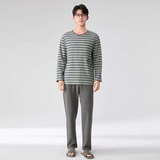 Fenton Pajamas Couple Class A Pure Cotton 2025 Season New Antibacterial Skin Friendly Round Neck Long Sleeve Pajamas Casual Home Wear Set Dark Gray - Men's L