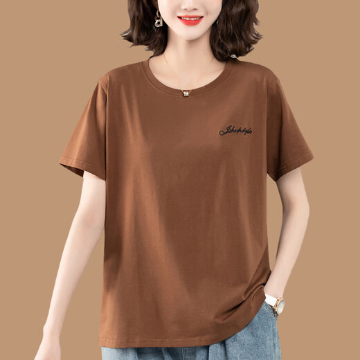 Gioio mittlere Mutter mit purem Baumwoll-T-Shirt für Frauen im Sommer kurzärmelig lose Sweatshirt Plus Size Damen mittleren und älterer runder Hals brauner Hals.