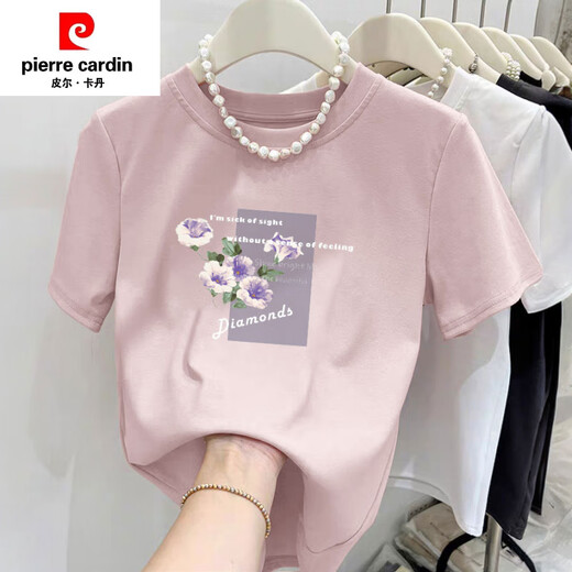 Pierre Cardin (Pierre Cardin) T-shirt en coton pur en coton pur pour femmes conception littéraire rond à manches courtes en vrac rose T-shirt Summer 2025 Nouveau top 6172 Gray Powder M (recommandé 80-105 Jin [Jin est égal à 0,5 kg]))