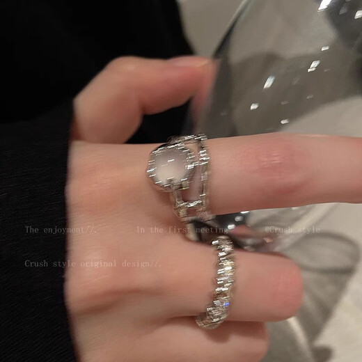 两件套月光石戒指女镶水钻开口戒小众设计素圈食指戒法式自律指环 M1047【双层月光戒指】
