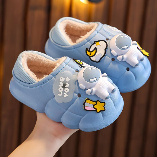Ormenwe children's cotton slippers winter boys and girls indoor cotton slippers baby warm outer wear cotton shoes HZ01 blue 28.5 28/29