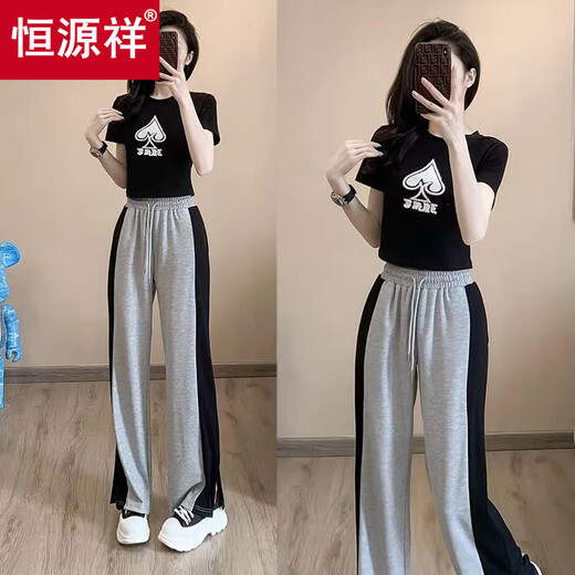 Hengyuanxiang Korean casual sportswear suit for women in summer, fashionable, age-reducing and slimming, printed short-sleeved wide-leg pants two-piece set, black suit S 80Jin Jin is equal to within 0.5 kg