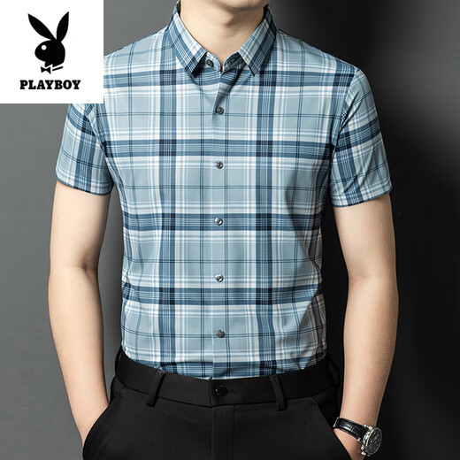 花花公子（PLAYBOY）高档夏季新款桑蚕丝短袖衬衫男士免烫抗皱商务休闲格子半袖衬衣潮 15273蓝色 M 165
