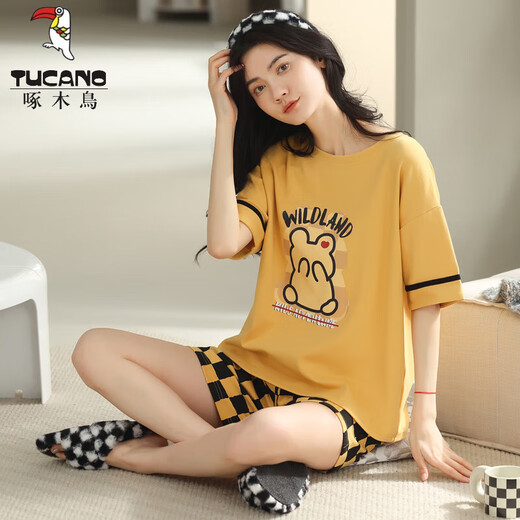Tucano; Woodpecker Summer Summer de manga corta para mujer Conjunto de pijama a cuadros de algodón Summer Summer Pure Korean Ropa para el hogar puede ser dibujos animados para Y9855 m al aire libre (sugerido 75-95Jin [Jin equivale a 0.5 kg])