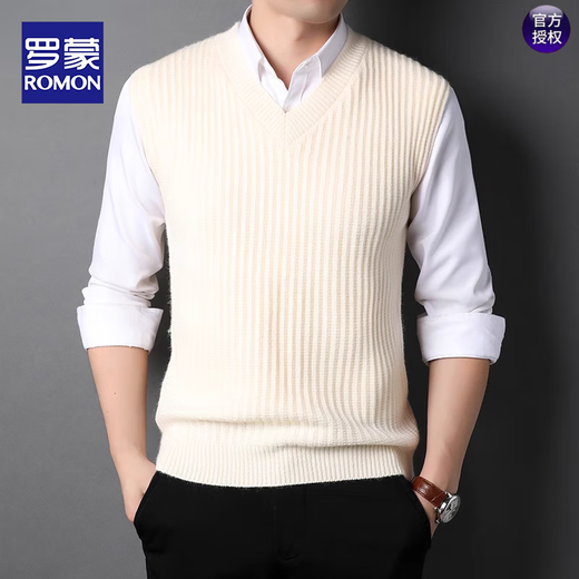 罗蒙（ROMON）针织马甲背心男士V领宽松纯色秋冬无袖中青年毛衣柔软仿貂绒坎肩 浅灰 L 170
