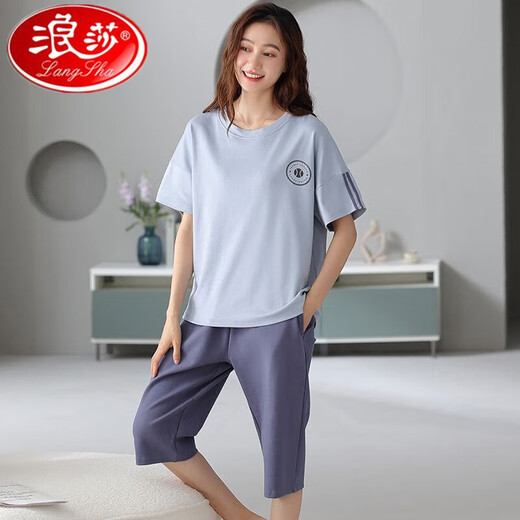 Langsha 100% pure cotton pajamas for women in summer large-size short-sleeved suit Korean casual cartoon cotton cropped pants home clothing N9856 4XL (180-200Jin [Jin equals 0.5 kg])