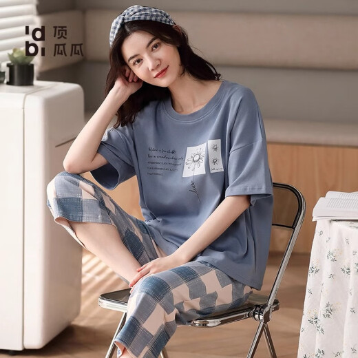 Plalonio Kurzärärmel-Shorts Pyjamas für Frauen, sommerdünner Stil, große Größe 2025 Neue Frauen-Pure-Baumwoll-Zweiköpfe-Sommerstreifen, Frauenmodell M empfohlen 80-100jin [Jin gleich 0,5 kg] SW889 gestreiftes graues kurzärärmiges Anzug [Hauptbildmodell, durchschnittliche Größe, durchschnittliche Größe