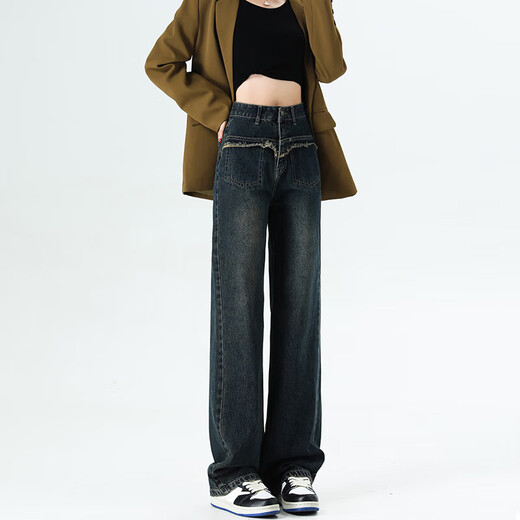 
Cement gray pocket bristled straight-leg pants 2025 new loose wide-leg jeans high-waisted floor pants #9901 Cement gray Regular 28 (recommended 105-115Jin [Jin equals 0.5 kg])