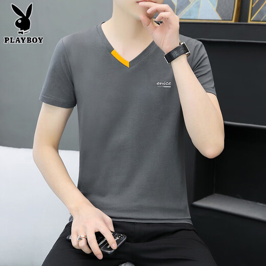 花花公子（PLAYBOY）夏季新款男士纯棉V领半袖T恤潮流休闲小字母印花鸡心领短袖体恤衫 691 蓝灰色 L 100-120斤