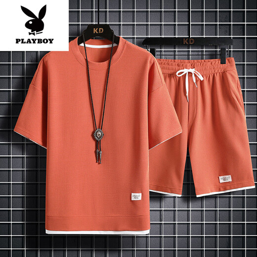 花花公子（PLAYBOY）高端重磅短袖T恤男夏季宽松大码运动短裤套装工作服圆领透气潮 829黑色【套装】 M 100-120斤