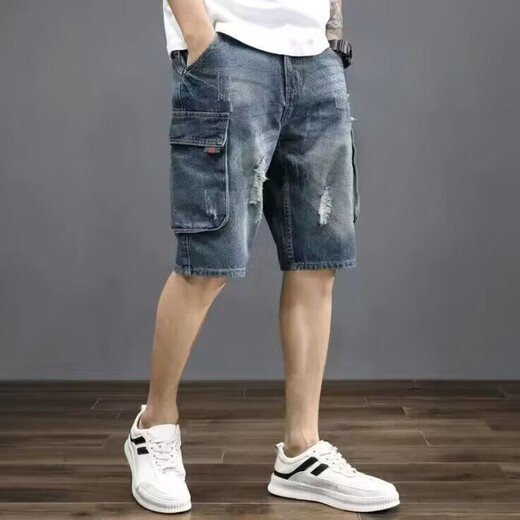 LA海澜之家同款牛仔短裤男士夏季宽松大码五分裤潮流复古松紧腰多口 [两条]511复古蓝+826复古蓝 28 建议80-100斤