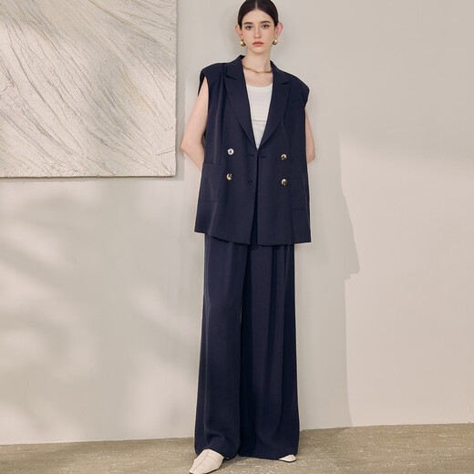 
ROEYSHOUSE Lace High Dark Blue Loose Vest Jacket 2025 Summer New Intellectual Commuter Line Set 12342 Dark Blue (Pants) XL