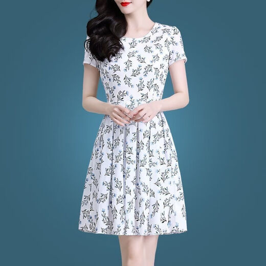 Suowanyi (Suowanyi) 2025 Sommer Neue Eisseide Kleine frische pastorale blumige runde Hals High-End-Kleid altersreduzierender kurzärmeliger bedruckter Rock [Ice Seide 9905 Rock] M.