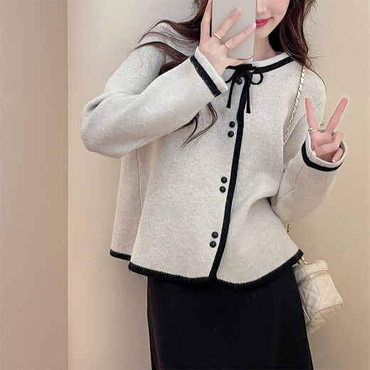 TonLion 2025 Autumn Women's Round Neck Contrast Design Cardigan Simple Temperament Gentle Versatile Lady Sweet Sweater