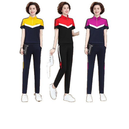 迪芙熙中年妈妈夏装两件套2025新款短袖T恤中老年夏天休闲运动服套装 6630宝蓝 (上衣+长裤) M 【建议98斤以下b