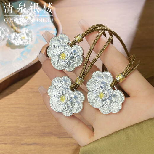 Pure silver 999.9 ancient peony color set chain sterling silver pendant new Chinese style national style light luxury pendant necklace gift peony pendant about 19 grams