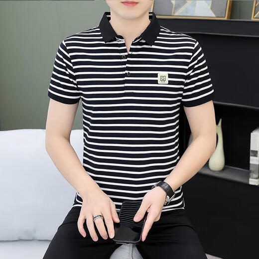 商场同款男装夏季条纹男士短袖体恤纯棉休闲百搭polo衫男装中年带 黑白QY753 XL [建议135-145斤]
