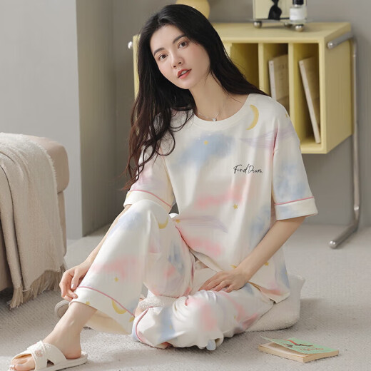 Hongdou (Hodo) Pajamas de verano para mujeres Puertos del algodón puro Pantalones delgados de manga corta Estudiante Lindo traje de estilo coreano Spring y otoño Loose Hogar Y9712 m (recomendado 75-95Jin [Jin iguala 0.5 kg])