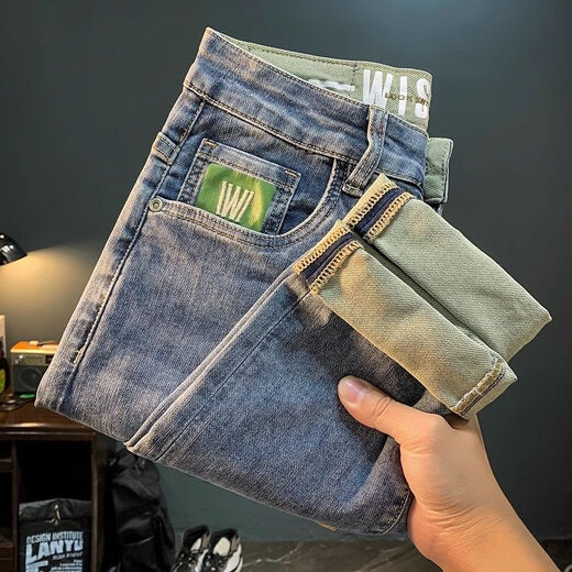 高端男士牛仔裤春秋季2025薄款修身小脚裤刺绣韩版潮流哈伦男裤子 蓝色 31