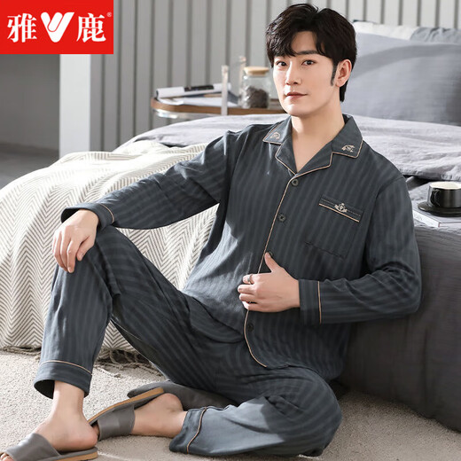 雅鹿男士纯棉睡衣长袖春秋季加大码开衫薄款套装可外穿男款家居服 mz-3524 L 【120-140斤】