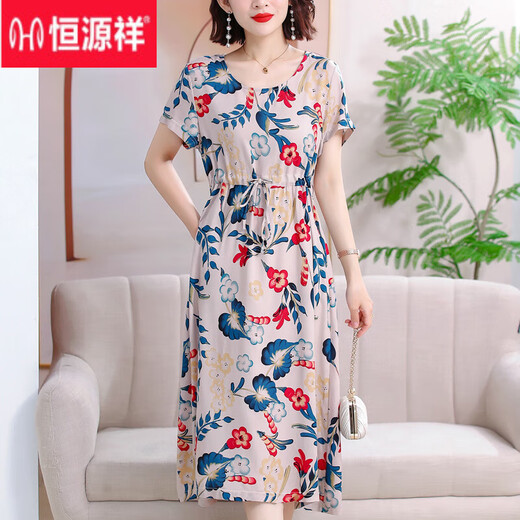 Hengyuanxiang summer new large-size loose cotton silk nightgown, middle-aged and elderly women's clothing, floral style, belly-covering mother fashion, 9922 model No. 13 XL (recommended 90Jin [Jin equals 0.5 kg]-120Jin [Jin equals 0.5 kg])