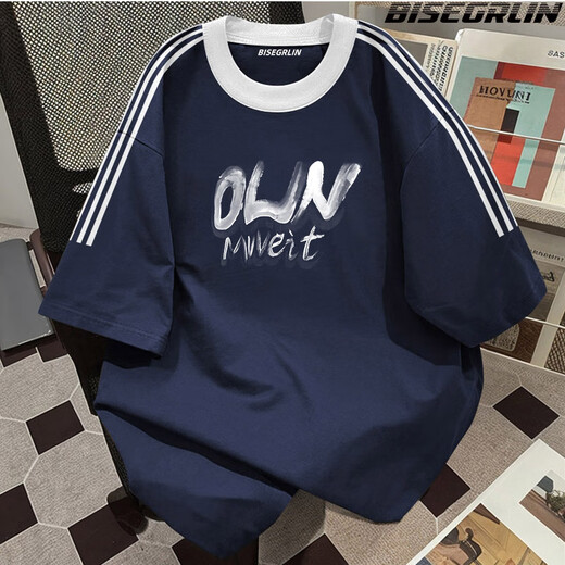 
BISEGRLIN pure cotton men's short-sleeved T-shirt three-bar print summer new fashion trendy brand men and women's same top Navy blue-K1278 white picture L