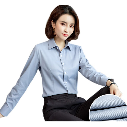 LA海澜之家（HLA）同款）春季女士长袖衬衫韩版修身暗门襟白色衬衣 15604蓝色斜纹V领 37