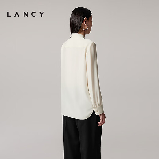 LANCY 100% mulberry silk autumn new temperament high-end silk stand-up collar long-sleeved shirt for women off-white M