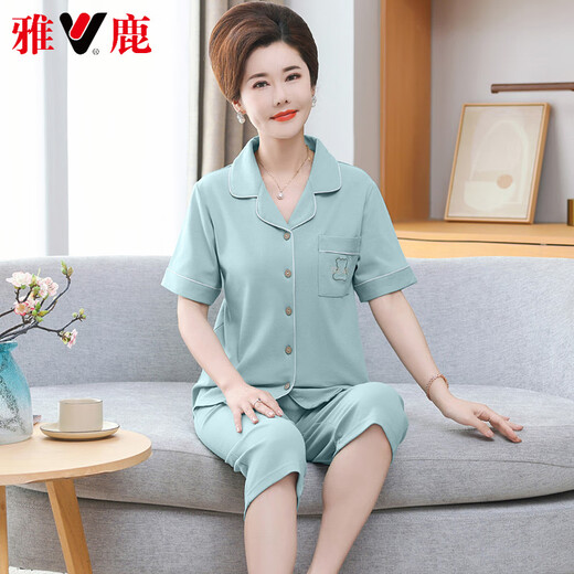 
Yalu high-end mother cardigan pajamas for women in summer pure cotton short-sleeved cropped pants large-size thin style middle-aged and elderly mothers' home clothes 9898 L [100-120Jin [Jin equals 0.5 kg]]