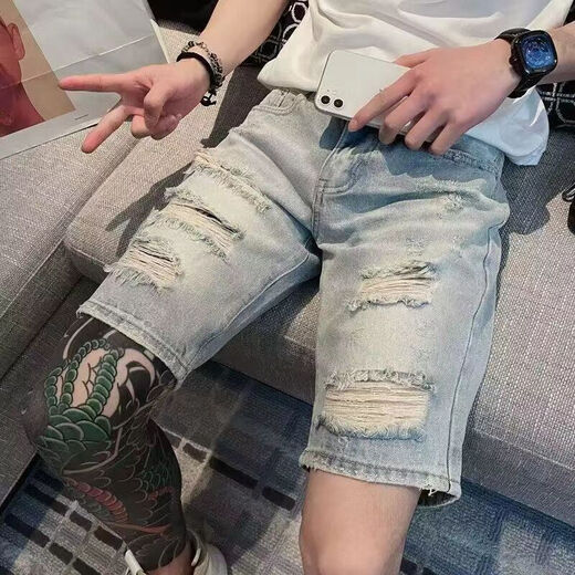 
Yarso ripped five-point denim shorts men's versatile slim-fitting pants Korean style ins fashion beggar mid-pants T693 blue graffiti 28 Suggested 90-100Jin [Jin equals 0.5 kg]