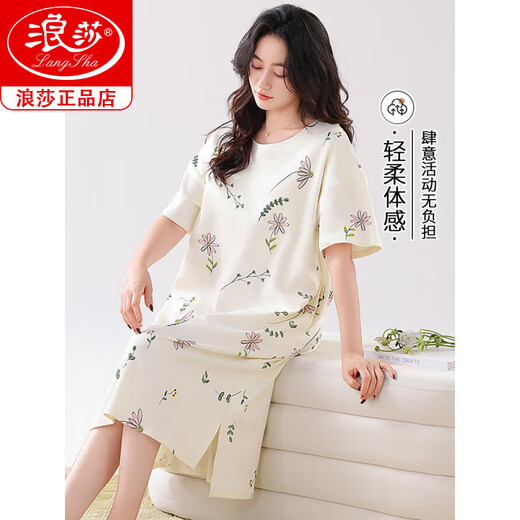 Langshas neue Sommer-Kurzhändler mit reinem Baumwoll-Nachthemd können außen getragen werden, ein volles Baumwollkleid lässiger Pastoralstil Frauenpyjamas M14110 XL [empfohlen, 120-140jin zu tragen [Jin gleich 0,5 kg]]]