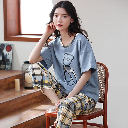 Langsha 100% pyjamas en coton pur pour les femmes au printemps et en été pantalon à manches courtes Femmes lâches décontractées Vêtements de maison de style coréen pour le costume d'automne T-9711 (pantalon à manches court)