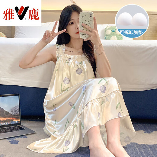 Yalu-Nachthemd für Frauen im Sommer mit Brustpolstereis Seide Kühle Hosenträger Pyjamas Summer Ladies süß und niedlich zu Hause Kleidung Frühling und Herbst 3888 Unemovable Brustpolster M 75-100jin [Jin ist 0,5 kg]
