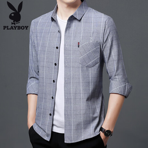 Playboy (Playboy) Chemise à manches longues en coton pur pour hommes 2025 Spring and Automne Pocket Pocket de l'âge moyen de l'âge moyen à carreaux de grande taille en liberté 6626 Bleu [printemps et automne] Le modèle mince M 165 suggère 100-115jin [Jin équivaut à 0,5 kg]
