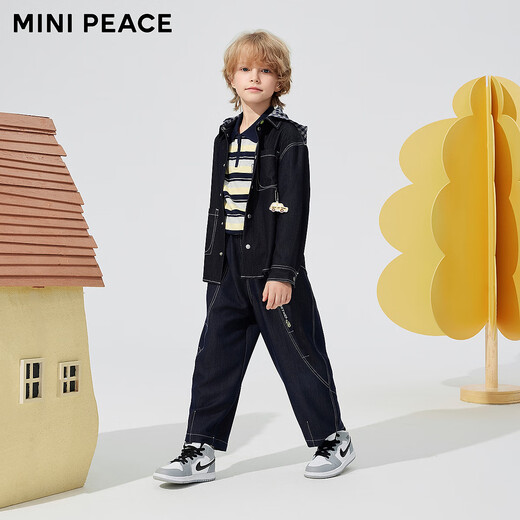 MiniPeace counter same style PEACEBIRD children's clothing boys' hooded jacket imitation denim shirt spring and autumn style denim dark blue 110
