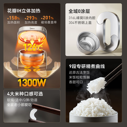 Midea rice cooker 0 coated petals IH heating uncoated 3-4 people 4-5 people 316L stainless steel liner smart home 4 liter rice cooker MB-40HB2 government subsidy