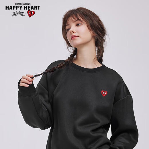 Charles Heart White Deer & Wang Churan same style sweatshirt for men and women couples same style round neck plus velvet top black plus velvet L