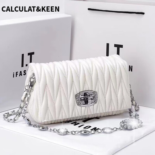 CALCULAT/KEEN Bag Women's 2025 New Fashionable and Versatile Soft Leather Fairy Bag Rhinestone Chain Bag Shoulder Crossbody Handle Wrinkle Bag White
